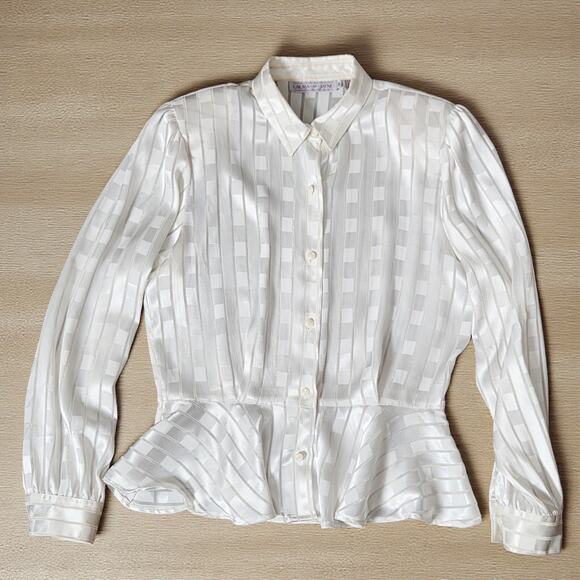 Vintage 80's 90's LAURA And JAYNE White Shimmer Stripe Peplum Shirt Blouse 10 - Picture 1 of 3